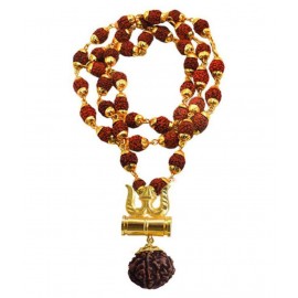 Bhawna Collection Loard Shiv Trishul Damru Locket With Puchmukhi Rudraksha Mala Gold-plated Brass, Wood For Men & Women