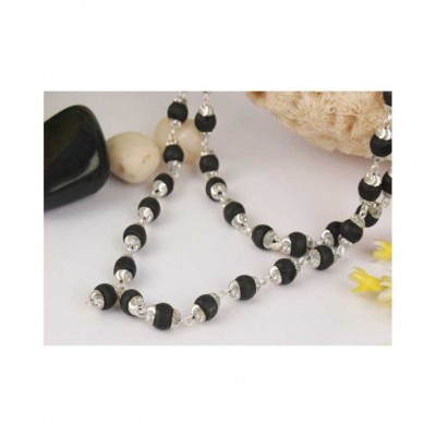 Black Tulsi Beads Mala In Brass made silver Self Design Caps