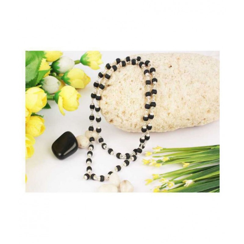 Black Tulsi Beads Mala In Brass made silver Self Design Caps