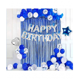 Blooms Blue & Silver theme Happy Birthday Décor Pack of 81 Pcs.-Silver Foil HBD(13)+Blue Foil Curtain(1)+Foil 18"Silver Heart(1)+Star Blue(1)+Blue Confetti Balloons(5)+Metallic Balloons Blue(30)+White(30)