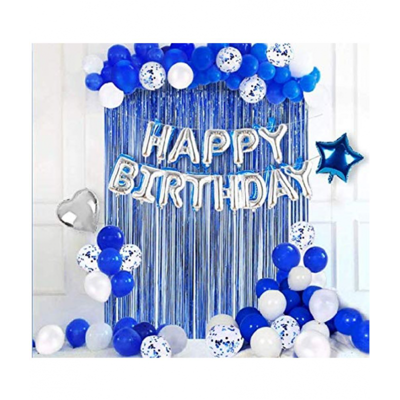 Blooms Blue & Silver theme Happy Birthday Décor Pack of 81 Pcs.-Silver Foil HBD(13)+Blue Foil Curtain(1)+Foil 18"Silver Heart(1)+Star Blue(1)+Blue Confetti Balloons(5)+Metallic Balloons Blue(30)+White(30)