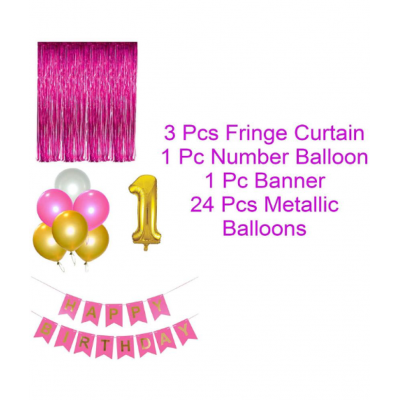 Blooms Event   Theme 29pcs  1st  Birthday Combo  Happy Birthday Banner  1st Number Foil Balloon+ fringe Curtains + Metallic Balloons