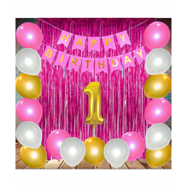 Blooms Event   Theme 29pcs  1st  Birthday Combo  Happy Birthday Banner  1st Number Foil Balloon+ fringe Curtains + Metallic Balloons