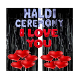 Blooms Event  Black theme  Haldi Ceremony Decoration Items / HALDI CEREMONY, I LOVE YOU Foil Letters, Foil Curtains, Red Heart Balloons ( Pack of 33)