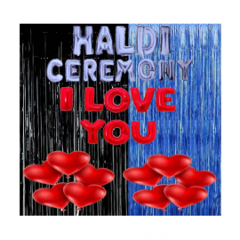 Blooms Event  Blue & Black theme  Haldi Ceremony Decoration Items  / HALDI CEREMONY, I LOVE YOU Foil Letters, Foil Curtains, Red Heart Balloons ( Pack of 33)