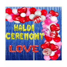 Blooms Event  Blue  Haldi Ceremony Decoration Items  Golden Foil Letters, Hearts, Balloons and Curtains | 62 Pcs Party Decoration for Marriage