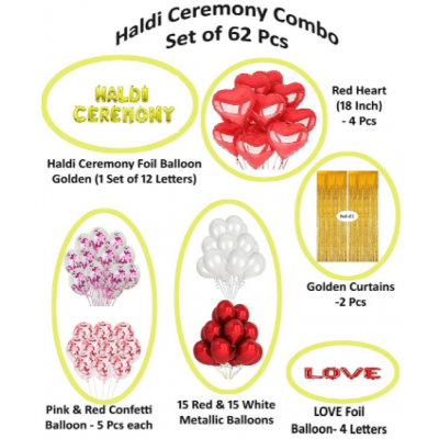 Blooms Event  Golden   Haldi Ceremony Decoration Items Golden Foil Letters, Hearts, Balloons and Curtains | 62 Pcs Party Decoration for Marriage