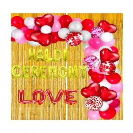 Blooms Event  Golden   Haldi Ceremony Decoration Items Golden Foil Letters, Hearts, Balloons and Curtains | 62 Pcs Party Decoration for Marriage