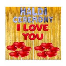 Blooms Event  Golden theme  Haldi Ceremony Decoration Items / HALDI CEREMONY, I LOVE YOU Foil Letters, Foil Curtains, Red Heart Balloons ( Pack of 33)