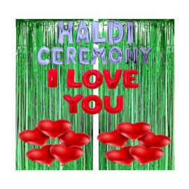 Blooms Event  Green theme  Haldi Ceremony Decoration Items  / HALDI CEREMONY, I LOVE YOU Foil Letters, Foil Curtains, Red Heart Balloons ( Pack of 33)