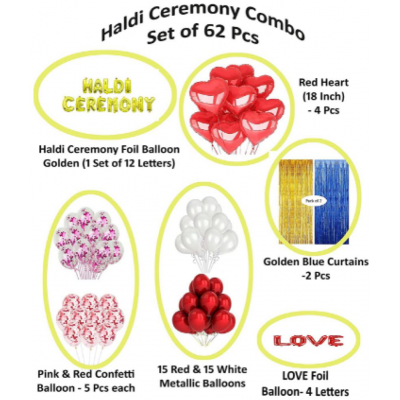 Blooms Event  Haldi Ceremony Decoration Items of Golden Foil Letters, Hearts, Balloons and Curtains | 62 Pcs Party Decoration for Marriage