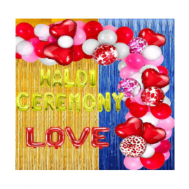 Blooms Event  Haldi Ceremony Decoration Items of Golden Foil Letters, Hearts, Balloons and Curtains | 62 Pcs Party Decoration for Marriage