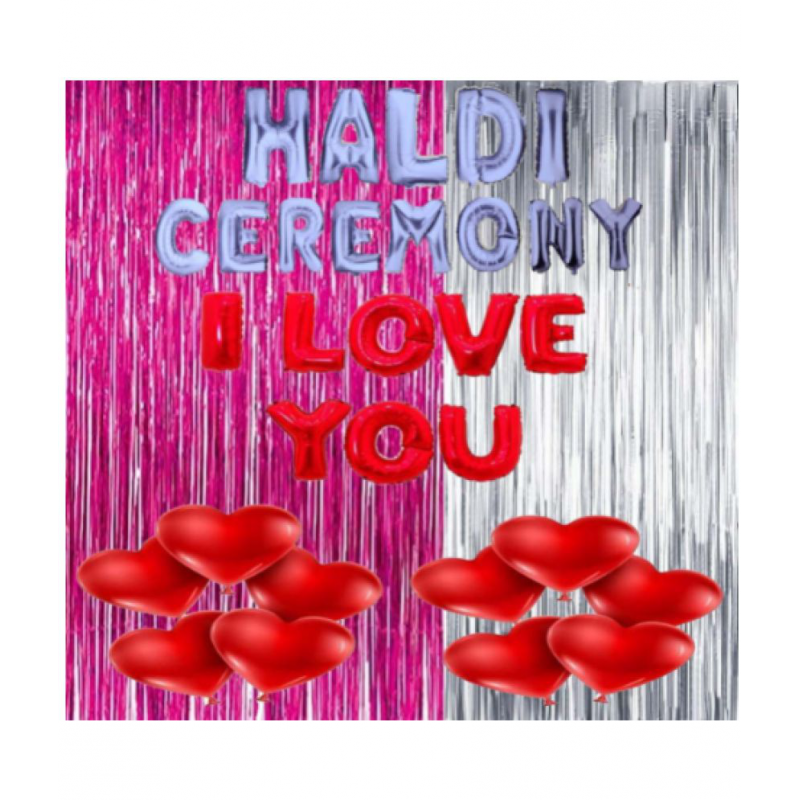 Blooms Event  Pink & Silver  theme  Haldi Ceremony Decoration Items   / HALDI CEREMONY, I LOVE YOU Foil Letters, Foil Curtains, Red Heart Balloons ( Pack of 33)
