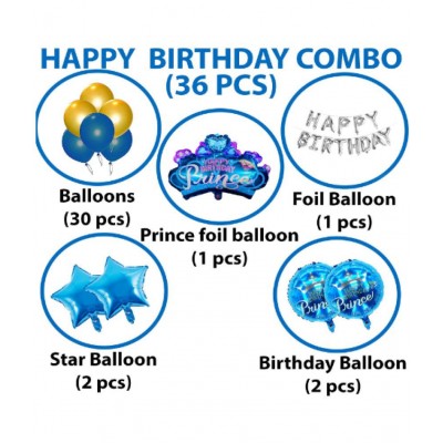 Blooms Event  Prince Theme Birthday Decoration Kit 36Pcs Set for Husband Boys Balloons Decorations Items Combo with Blue Prince Foil Balloon, Happy Birthday Balloon, Metallic Balloons