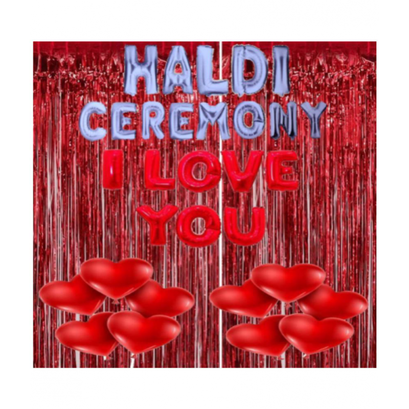 Blooms Event  Red theme  Haldi Ceremony Decoration Items   / HALDI CEREMONY, I LOVE YOU Foil Letters, Foil Curtains, Red Heart Balloons ( Pack of 33)