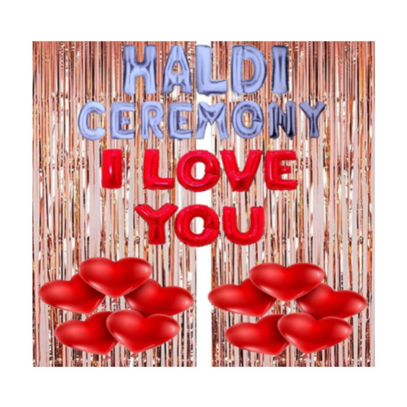 Blooms Event  Rose gold  theme  Haldi Ceremony Decoration Items  / HALDI CEREMONY, I LOVE YOU Foil Letters, Foil Curtains, Red Heart Balloons ( Pack of 33)