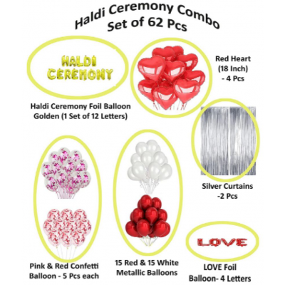 Blooms Event  silver     Haldi Ceremony Decoration Items Items Golden Foil Letters, Hearts, Balloons and Curtains | 62 Pcs Party Decoration for Marriage
