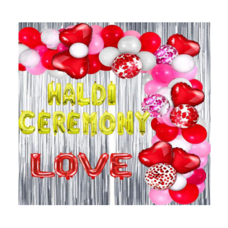Blooms Event  silver     Haldi Ceremony Decoration Items Items Golden Foil Letters, Hearts, Balloons and Curtains | 62 Pcs Party Decoration for Marriage