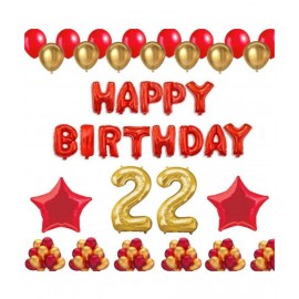 Blooms Event 1 Set Happy Birthday Foil Balloons (Red Color), 2 Pcs Red Foil Stars, 50 Pcs Metallic Balloons (Red & Golden),22 No. Foil Number Golden