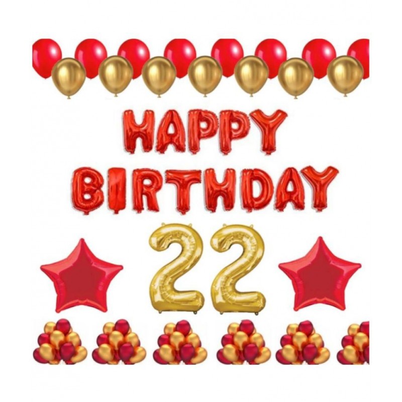 Blooms Event 1 Set Happy Birthday Foil Balloons (Red Color), 2 Pcs Red Foil Stars, 50 Pcs Metallic Balloons (Red & Golden),22 No. Foil Number Golden