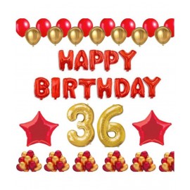 Blooms Event 1 Set Happy Birthday Foil Balloons (Red Color), 2 Pcs Red Foil Stars, 50 Pcs Metallic Balloons (Red & Golden),36 No. Foil Number Golden