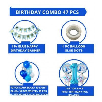 Blooms Event Baby Boy 1st Birthday Theme Decorations Kit Combo (47 Pcs ) Blue Bday Banner, one number Foil Balloon Set, Glue Dot & 40 Pcs Metallic Balloons