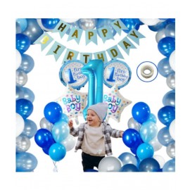 Blooms Event Baby Boy 1st Birthday Theme Decorations Kit Combo (47 Pcs ) Blue Bday Banner, one number Foil Balloon Set, Glue Dot & 40 Pcs Metallic Balloons