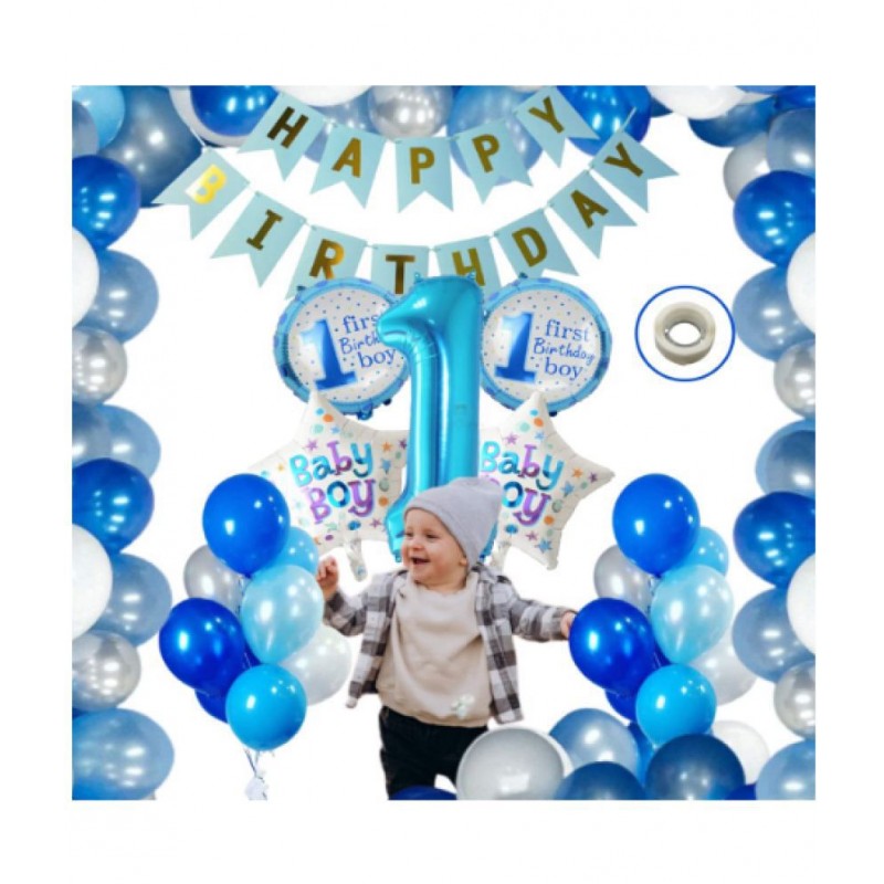 Blooms Event Baby Boy 1st Birthday Theme Decorations Kit Combo (47 Pcs ) Blue Bday Banner, one number Foil Balloon Set, Glue Dot & 40 Pcs Metallic Balloons