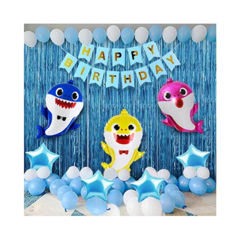 Blooms Event Baby Shark Theme Birthday Decorations Kit -72Pcs Combo Set