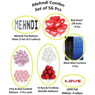 Blooms Event Black & Blue  Mehendi Decoration Items | 56 Pcs Foil and Latex Balloons and Party Curtains for Background