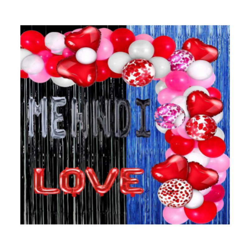 Blooms Event Black & Blue  Mehendi Decoration Items | 56 Pcs Foil and Latex Balloons and Party Curtains for Background