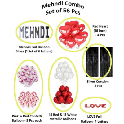 Blooms Event Black Fringe  Mehendi Decoration Items | 56 Pcs Foil and Latex Balloons and Party Curtains for Background