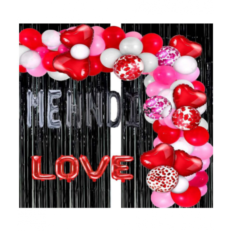 Blooms Event Black Fringe  Mehendi Decoration Items | 56 Pcs Foil and Latex Balloons and Party Curtains for Background