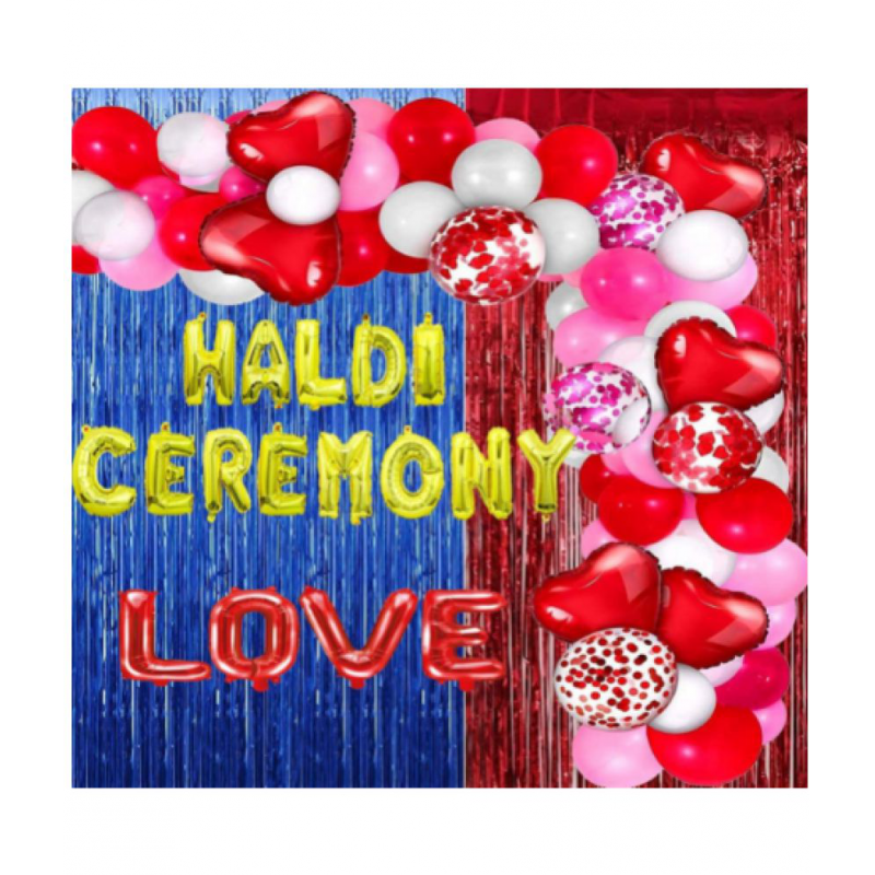 Blooms Event Red & Blue  Haldi Ceremony Decoration Items Golden Foil Letters, Hearts, Balloons and Curtains | 62 Pcs Party Decoration for Marriage