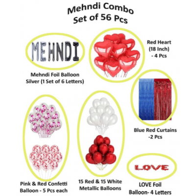 Blooms Event Red & Blue  Mehendi Decoration Items | 56 Pcs Foil and Latex Balloons and Party Curtains for Background