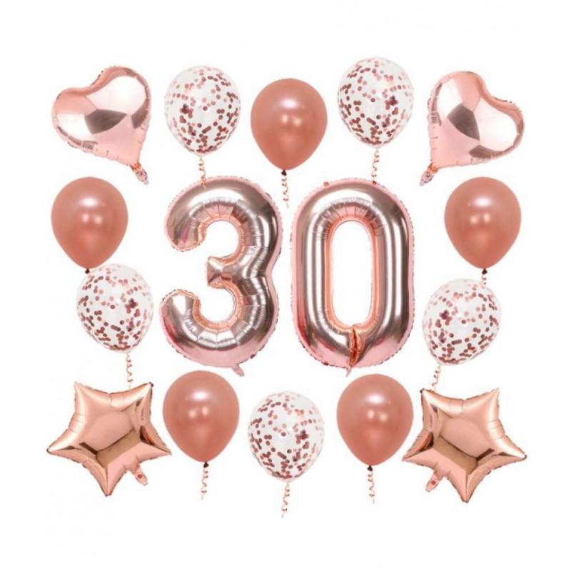 Blooms Event Rose gold Decoration Kit -  30  rose gold number foil balloon, 2Pcs rose gold star foil ballon, 2Pcs rose gold heart foil baloon, 5Pcs rosegold metallic balloon, 5Pcs rose gold confetti balloon.