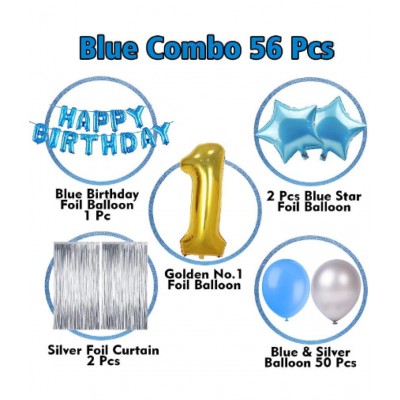 Blooms Event birthday Decoration kit for 1st Birthday Boys-56Pcs with Foil Curtain , Bday Supplies Items with Blue HBD foil Balloon, Number Foil Baloons