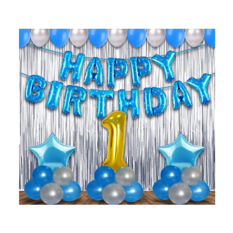 Blooms Event birthday Decoration kit for 1st Birthday Boys-56Pcs with Foil Curtain , Bday Supplies Items with Blue HBD foil Balloon, Number Foil Baloons