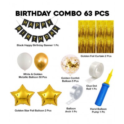 Blooms EventGolden & white  Happy Birthday Balloons Decorations Set - 63Pcs
