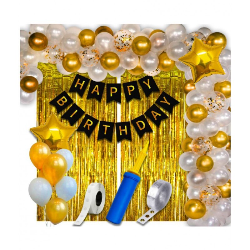 Blooms EventGolden & white  Happy Birthday Balloons Decorations Set - 63Pcs