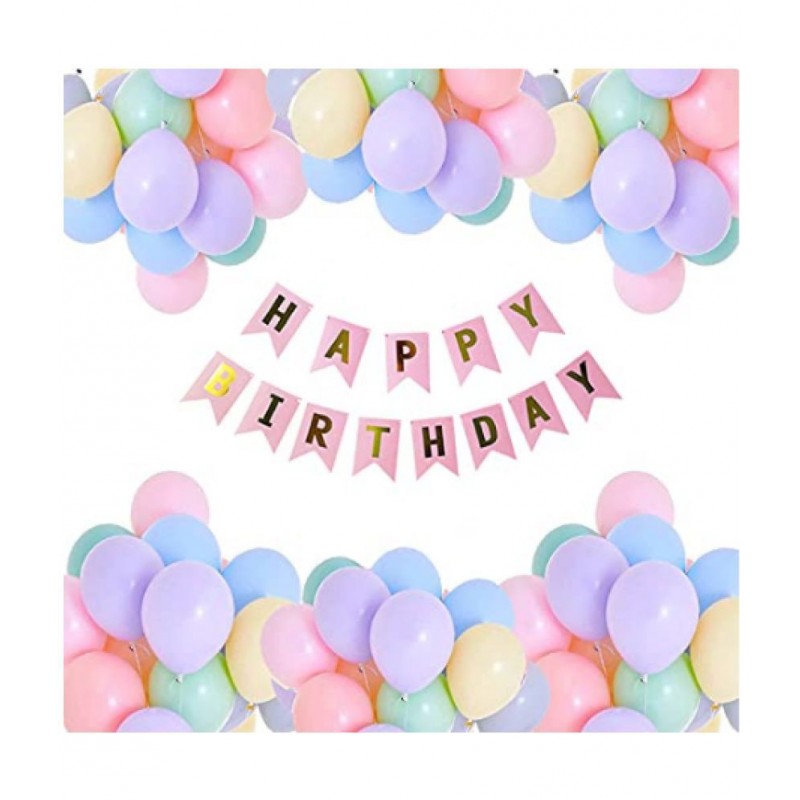 Blooms EventPastal Balloons Decoration Set ( 50 Balloons) + 1 Pink Happy Birthday Bunting Banner (Pastal Balloons Combo).