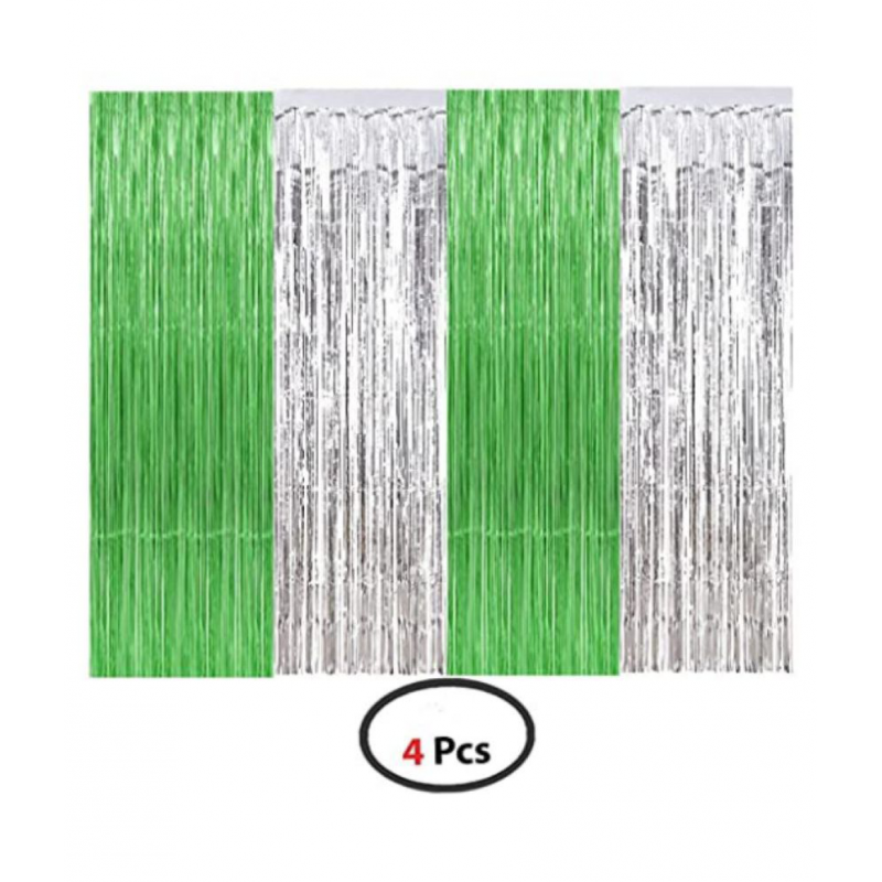 Blooms Green + silver Metallic Foil Curtain Pack of 4