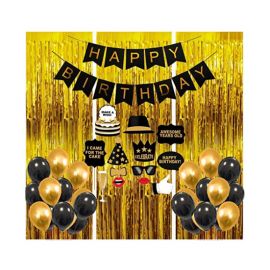 Blooms Interesting 65 pcs  Birthday Combo Happy Birthday Banner + Golden Fringe Curtain + Selfie props + Black,gold Metallic Balloon