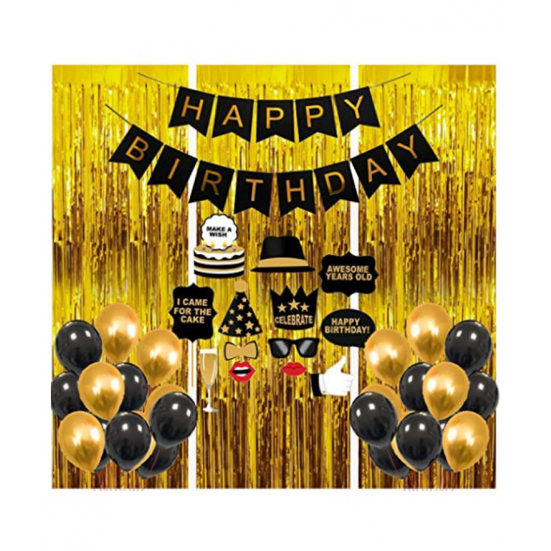 Blooms Interesting 65 pcs  Birthday Combo Happy Birthday Banner + Golden Fringe Curtain + Selfie props + Black,gold Metallic Balloon