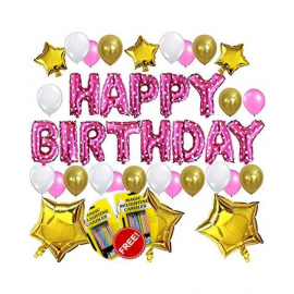 Blooms Magic birthday combo happy Birthday Foil Balloon + Star Shape foil + Mettalic Balloon and free Magic Candle