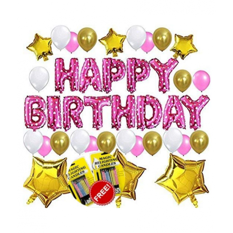 Blooms Magic birthday combo happy Birthday Foil Balloon + Star Shape foil + Mettalic Balloon and free Magic Candle