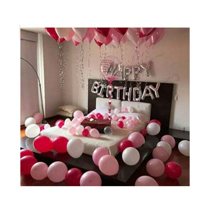 Blooms Romantic 91 pcs Combo Happy Birthday foil Balloon +Red pink and white Mettallic Balloon