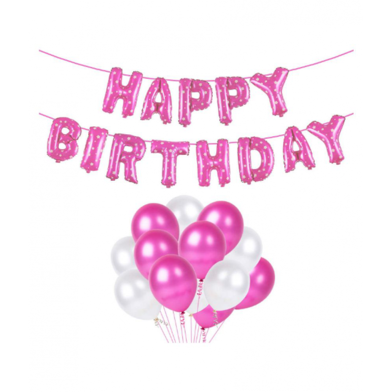 Blooms Stylish 51 pcs combo happy Birthday Foil Balloon + Pink and White Mettalic Balloon