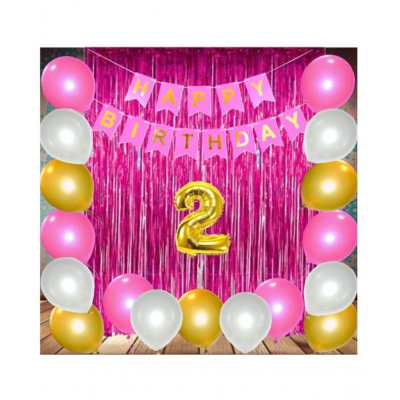 Blooms Theme 29pcs  2nd  Birthday Combo  Happy Birthday Banner  2nd Number Foil Balloon+ fringe Curtains + Mettallic Balloons