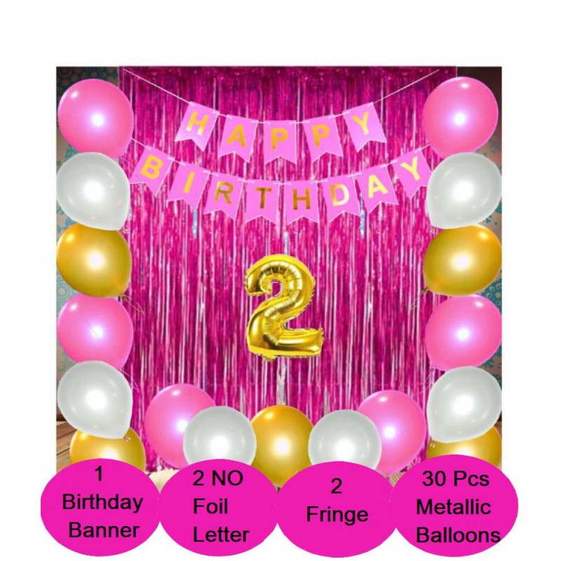 Blooms Theme 29pcs  2nd  Birthday Combo  Happy Birthday Banner  2nd Number Foil Balloon+ fringe Curtains + Mettallic Balloons